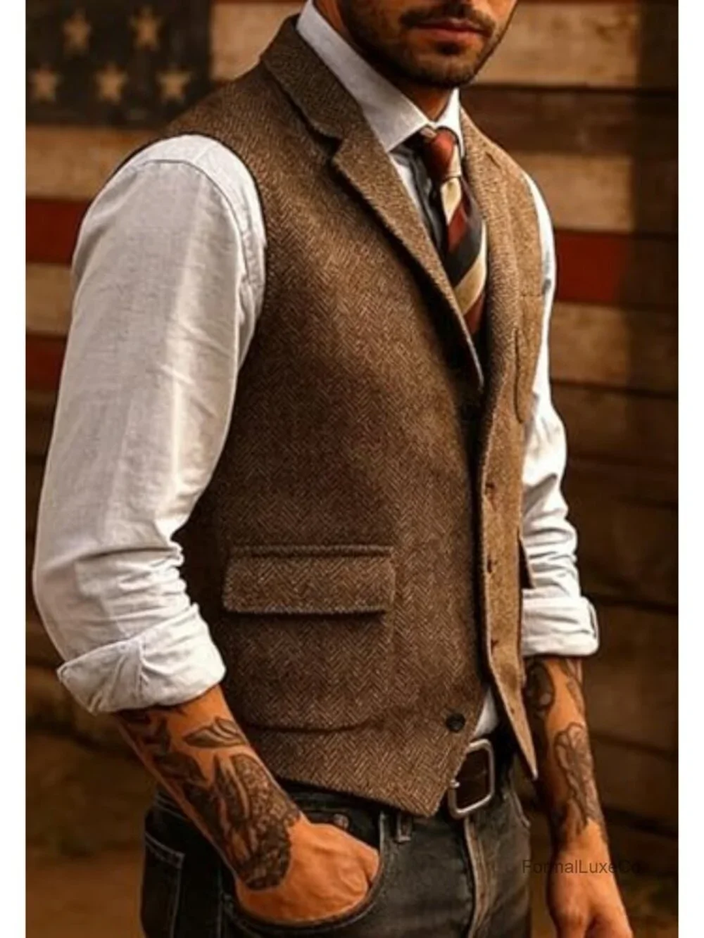 Men's Herringbone Tweed Suit Vest, Sleeveless Waistcoat for Weddings & Business